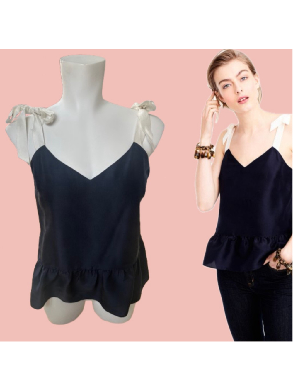 J.Crew 100% Silk Navy Peplum Camisole Top Size 6 โ Bow Tie Straps